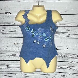 Paradyz Couture Size L Blue - Flower Appliqué Wearable Art Ribbed Tank Top